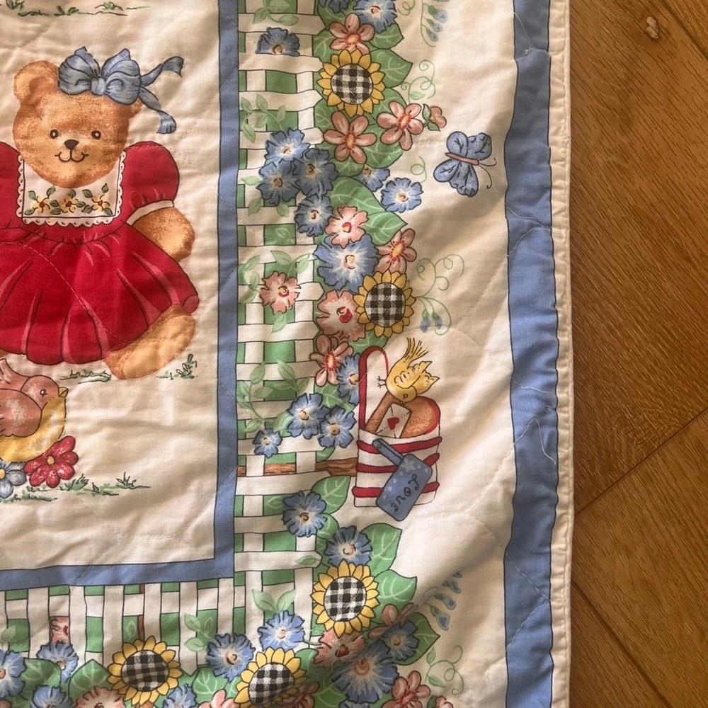 Vintage Teddy Bear Garden Quilted Baby Blanket Floral Picket Fence Nursery Blue